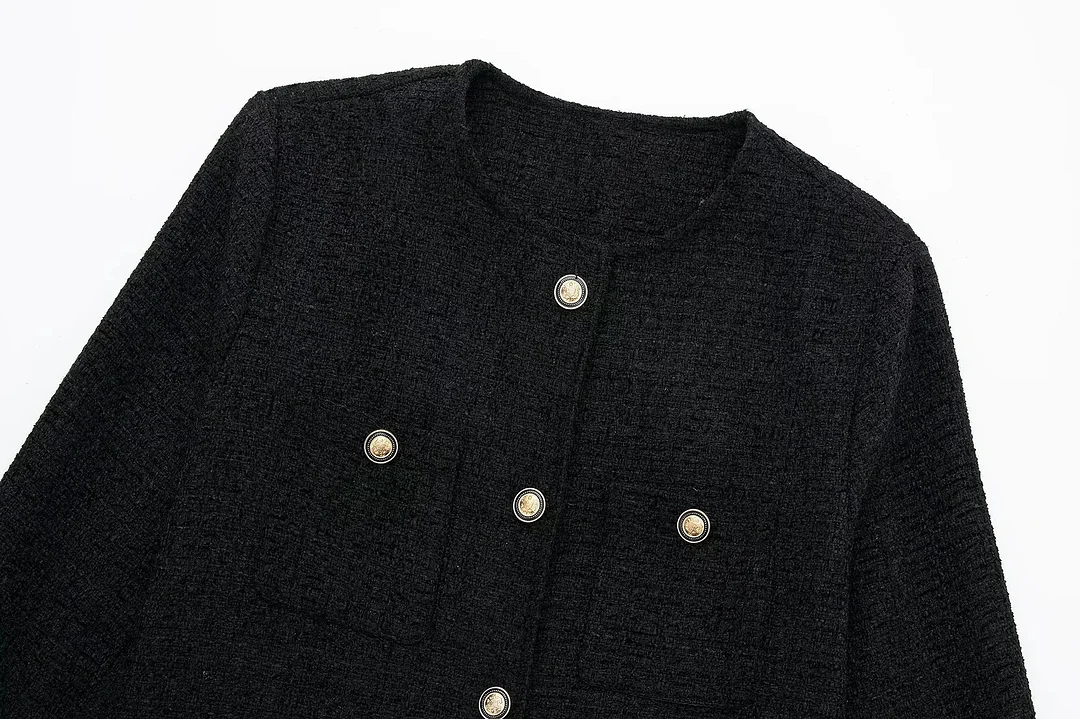 MERUMOTE Women's Classic Retro Metal Button Round Neck Tweed Mini Jacket-MERUMOTE