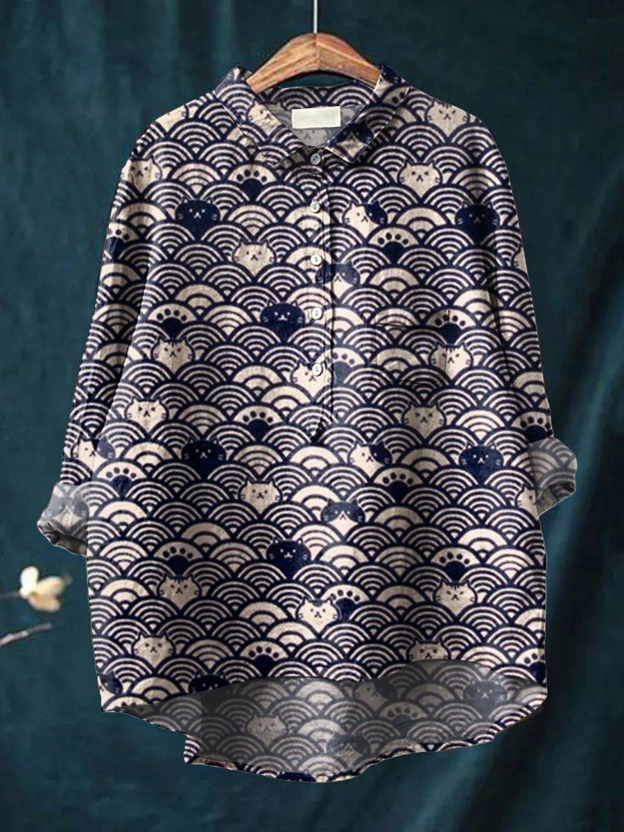 Women's Japanese Moire Fun Cat Print Casual Cotton And Linen Shirt
