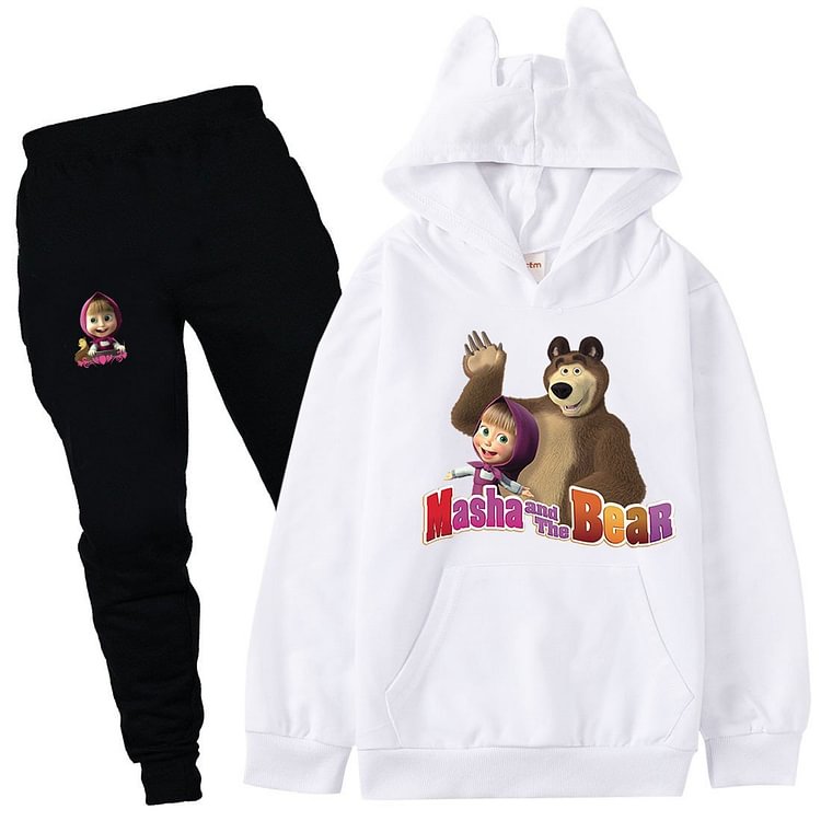 Mayoulove Masha And The Bear Print Girls Boys Cotton Hoodie Pants Long Outfit-Mayoulove