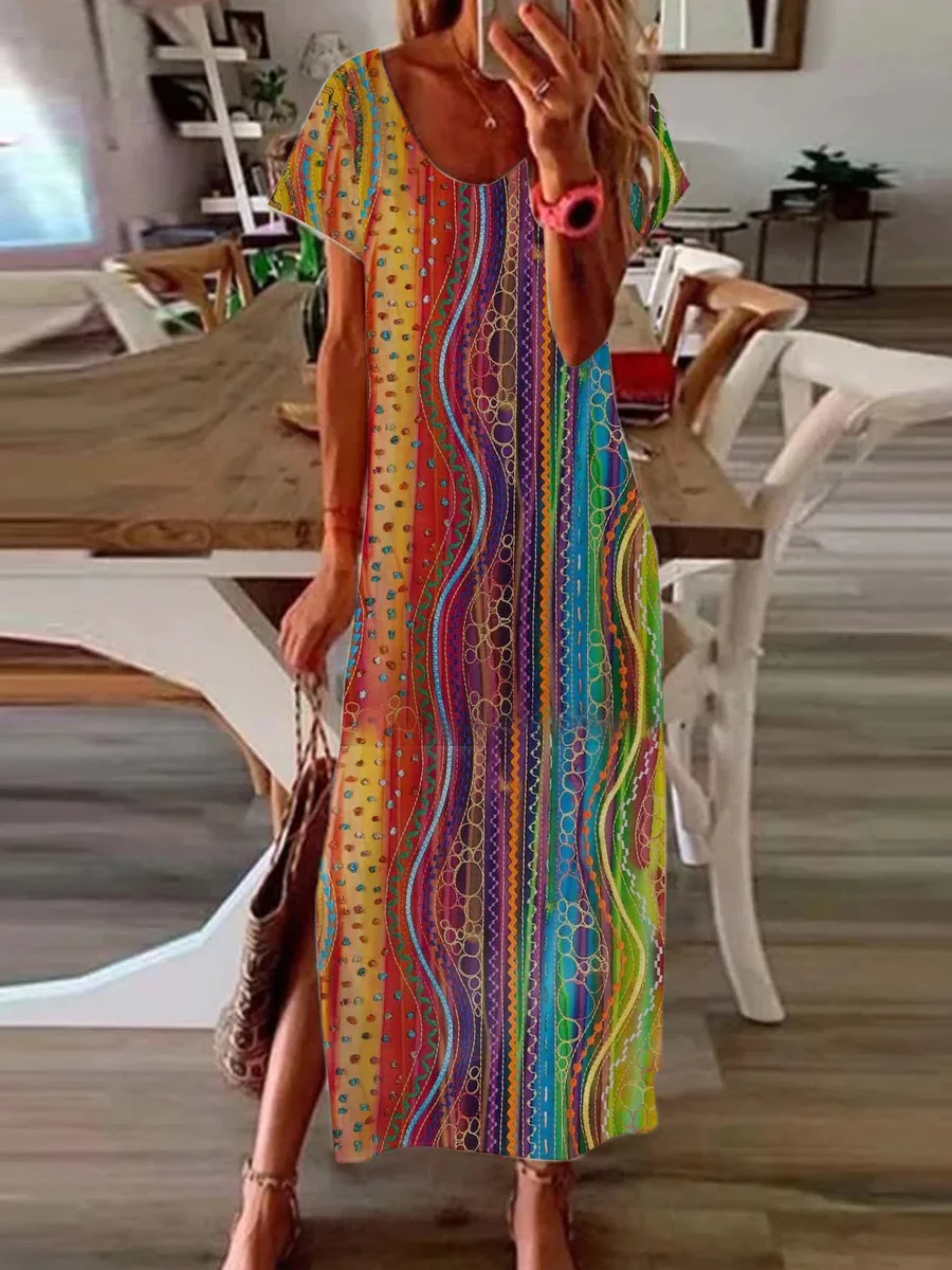 Light Shadow Rainbow Gradient Multicolor Printing Loose A-Pocket Dress Midi Plus Size