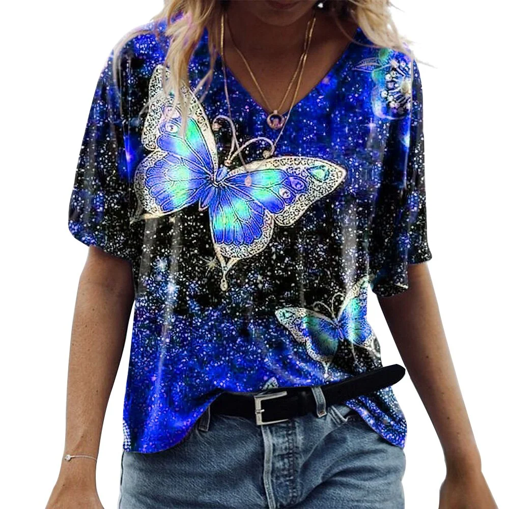 Women Round Neck Short Sleeve T Shirt Casual Butterfly Print Vintage Tops Pullover Female Summer Elegant Streetwear T-shirts D30