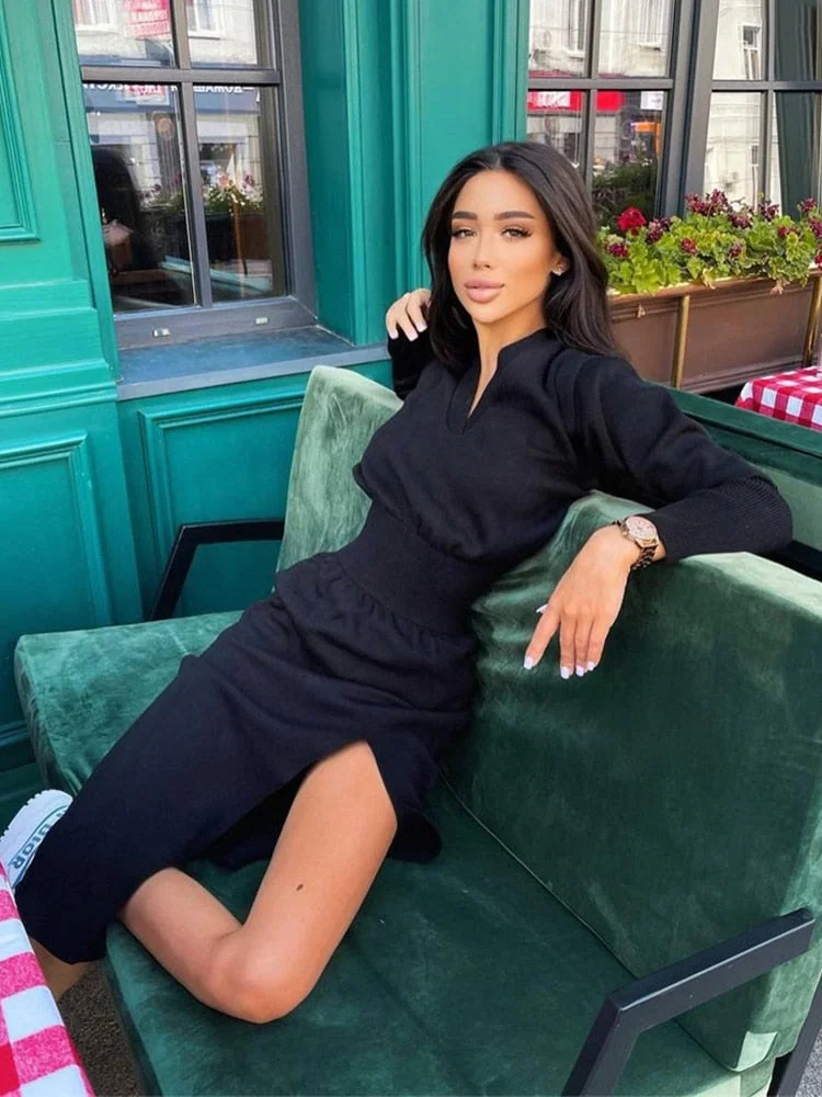 Jacuqeline Spring 2022 V Neck Sexy Split MIdi Knitted Dress Women Y2K Green Long Sleeve Elastic Waist Elegant Party Dresses