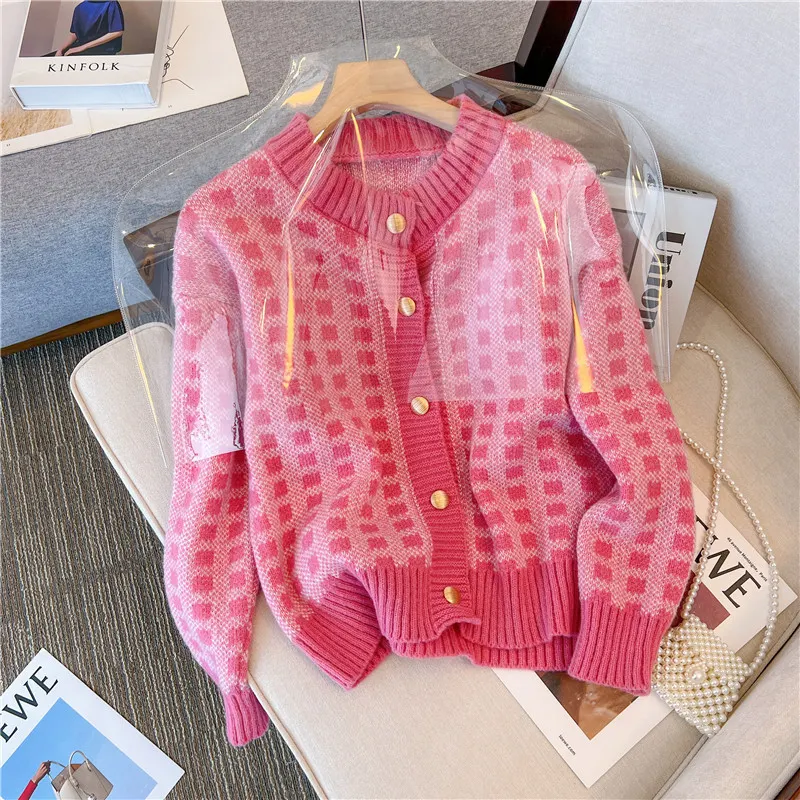 Churchf Churchf Style Short Temperament Socialite Small Sweater Hot Style Coat Jacket Small Fragrant Wind Pink Plaid Sweater Woman