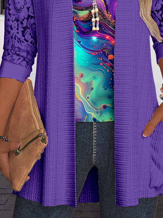 Women Long Sleeve Scoop Neck Striped Printed Printed Graphic Pockets Lace Two-Pieced Tops