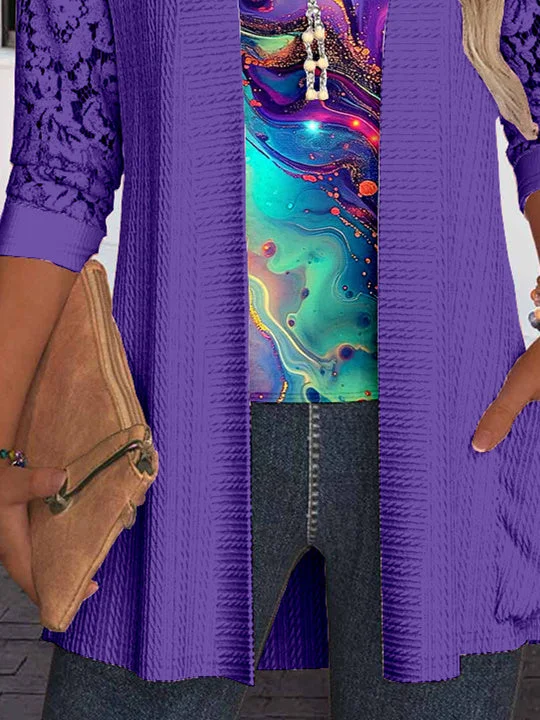 Women Long Sleeve Scoop Neck Striped Printed Printed Graphic Pockets Lace Two-Pieced Tops