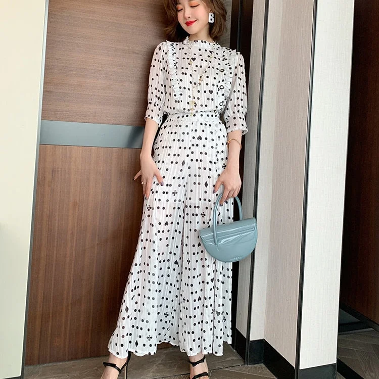 New Fashion Women Polka Dot Trousers Suit Summer Chiffon O Neck Ruffles Shirt + Holiday Ladies Pleated Wide-Leg Length Pants Set