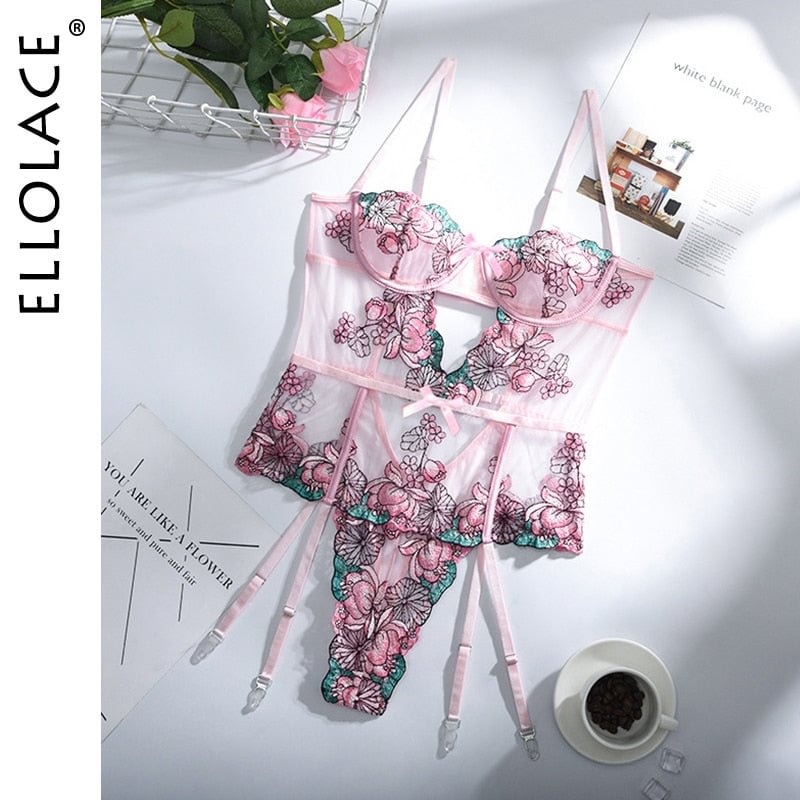 Ellolace Bodycon Sexy Floral Bodysuit Push Up Embroidery Lace Lingerie Body Pink Cut Out Sleeveless See Through Mesh Top