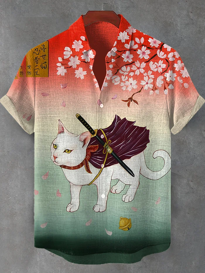 Men's Japanese Sakura Cat Samurai Print Short Sleeve Shirt