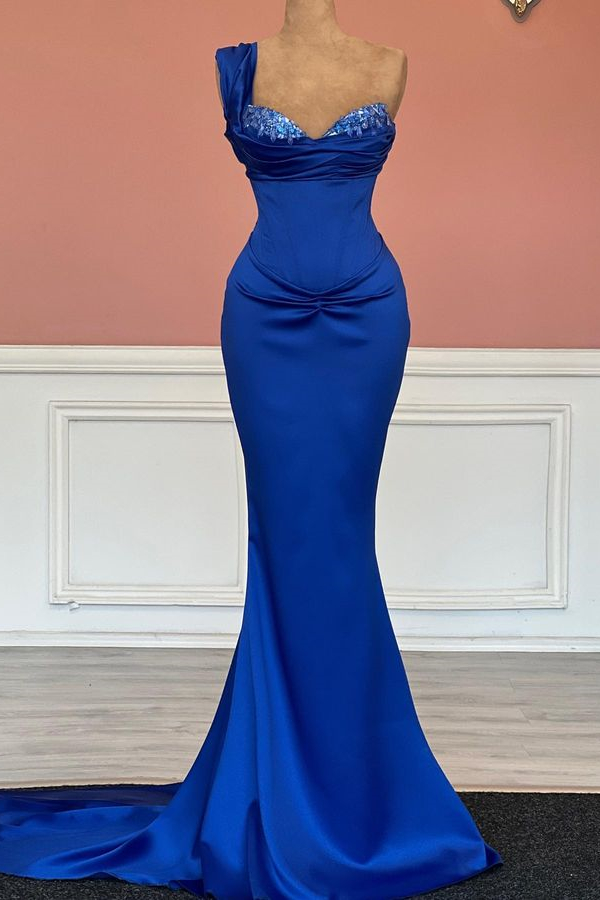 Gorgeous Royal Blue One Shoulder Sweetheart Mermaid Prom Dress With Sequins - lulusllly