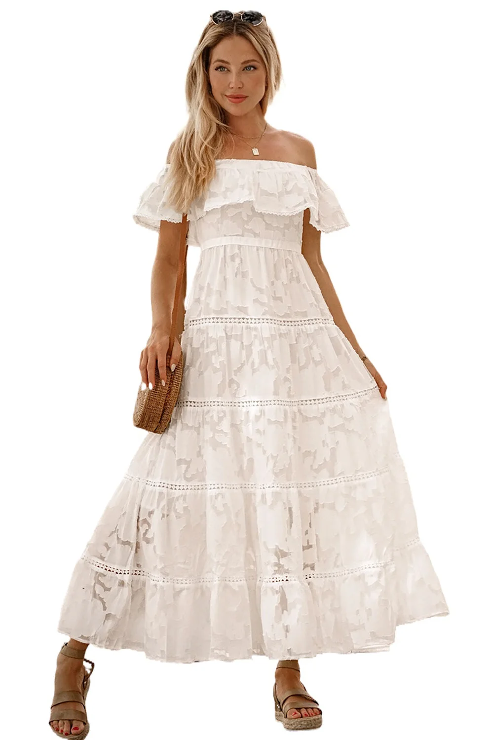 Women White Off-the-shoulder Ruffled Lace Maxi Dress