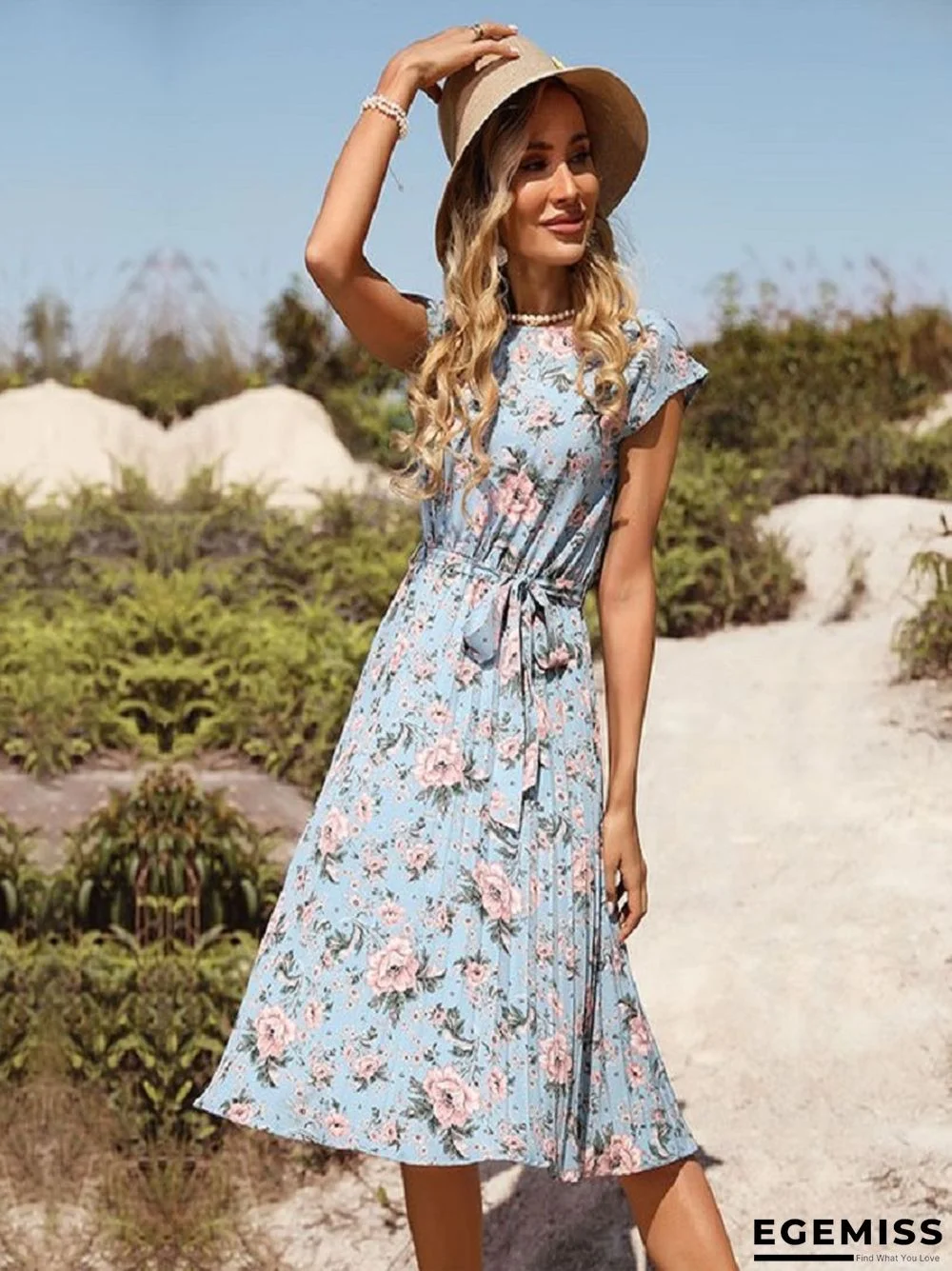 Blue Flower Print Holiday Dress | EGEMISS