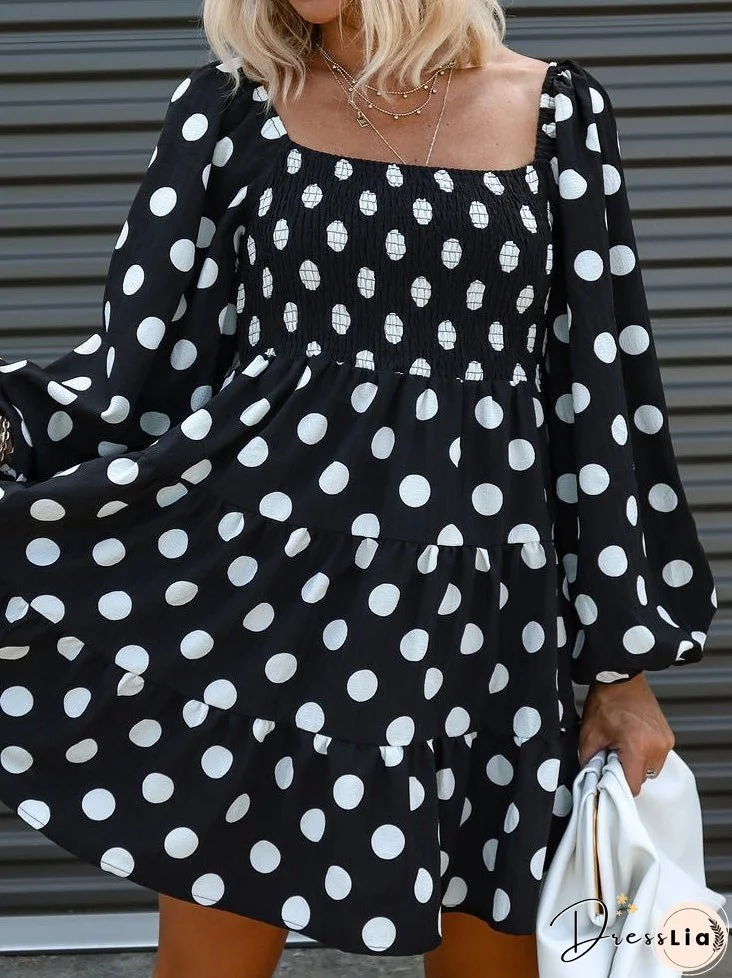 Dresses Square Neck Polka Dot Print Long Sleeve Dress for Women
