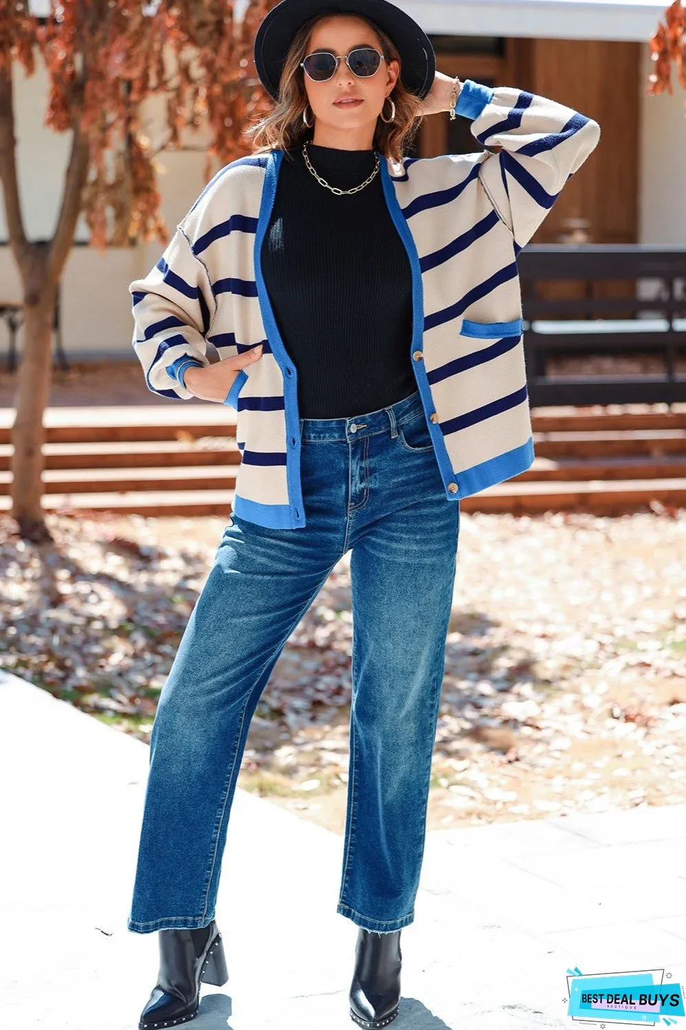 Striped Button Up Long Sleeve Cardigan