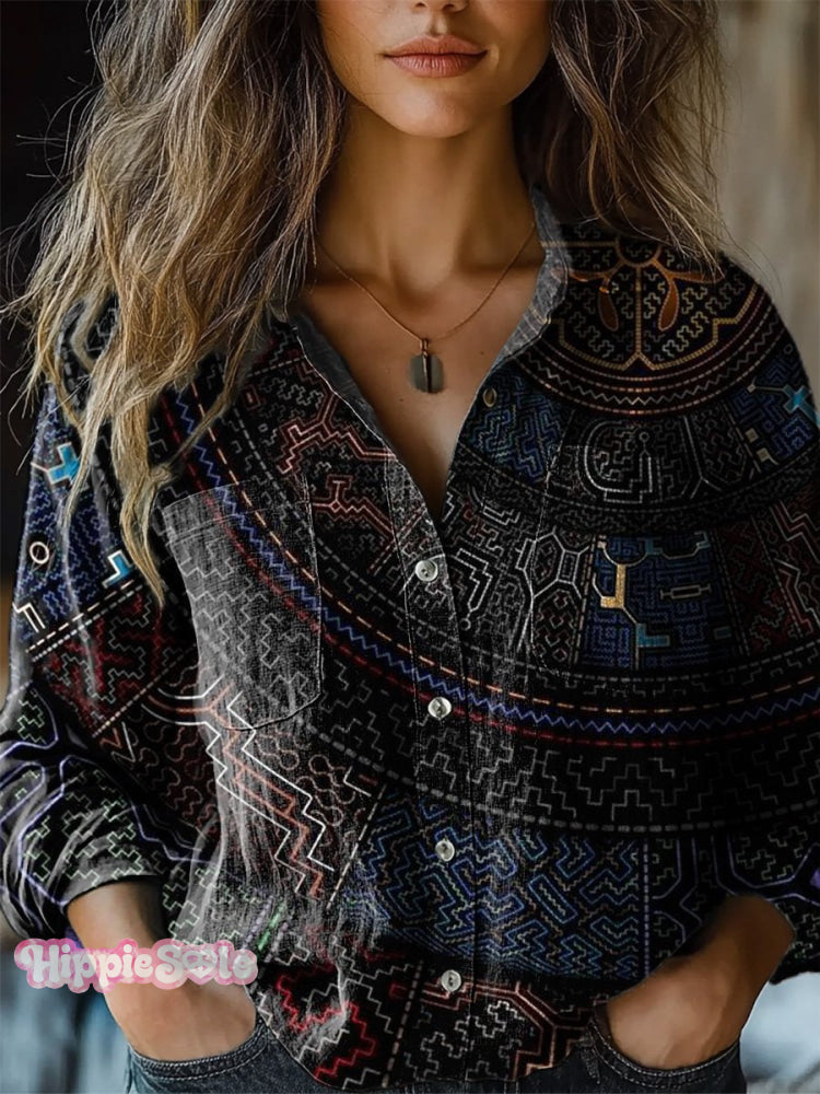 Ethnic Style Geometric Compass Art Printed Women’s Casual Long Sleeve Comfortable Cotton Shirt