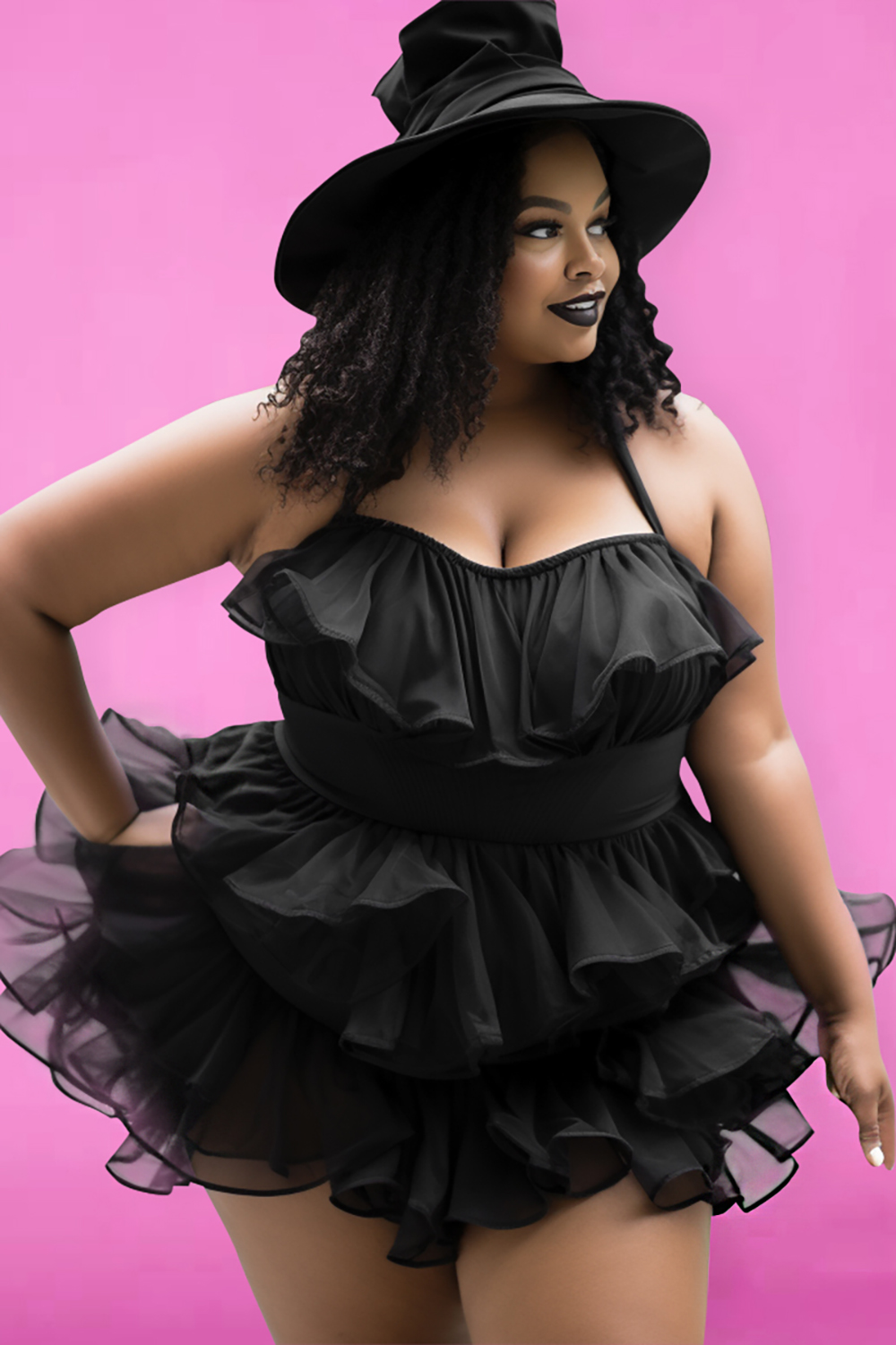 Design Plus Size Beach One Pieces Swimwear Black Spring Summer V Neck Flounce Knitted One Pieces Swimwear [Pre-Order]
