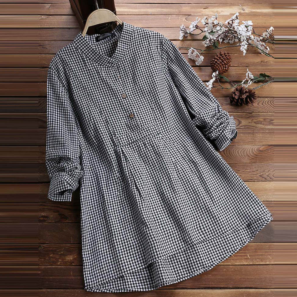 Women 2021 Spring Autumn Fashion Plaid Pullover Shirts Female Long Sleeve Loose Blouses Ladies New V-neck Buttons Shirts V921