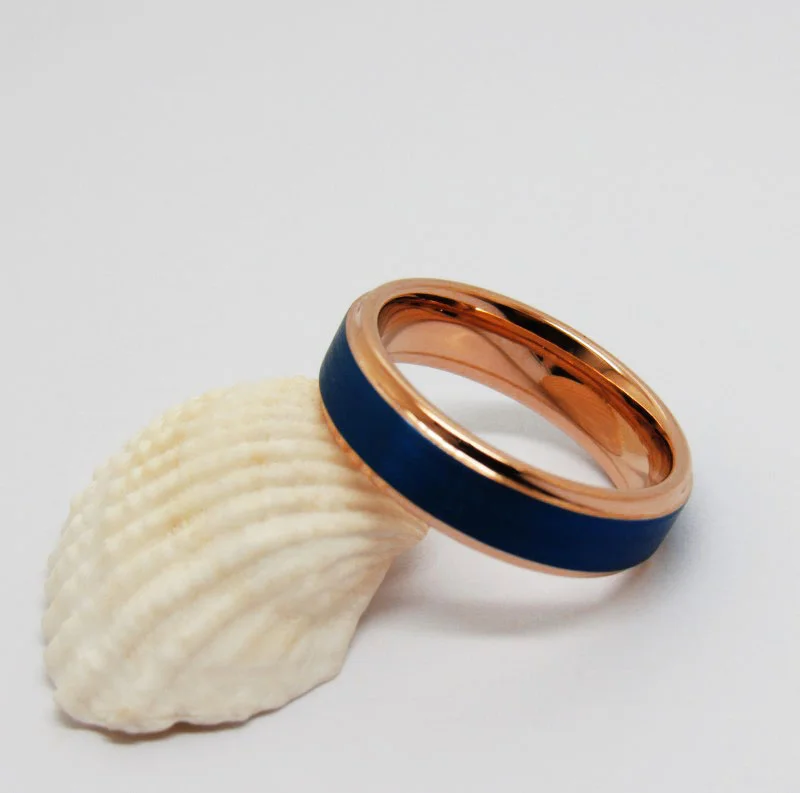 6MM 8MM Tungsten Open Steps Sand Surface Electric Blue Electroplated Rose Gold Men's Wedding Bands