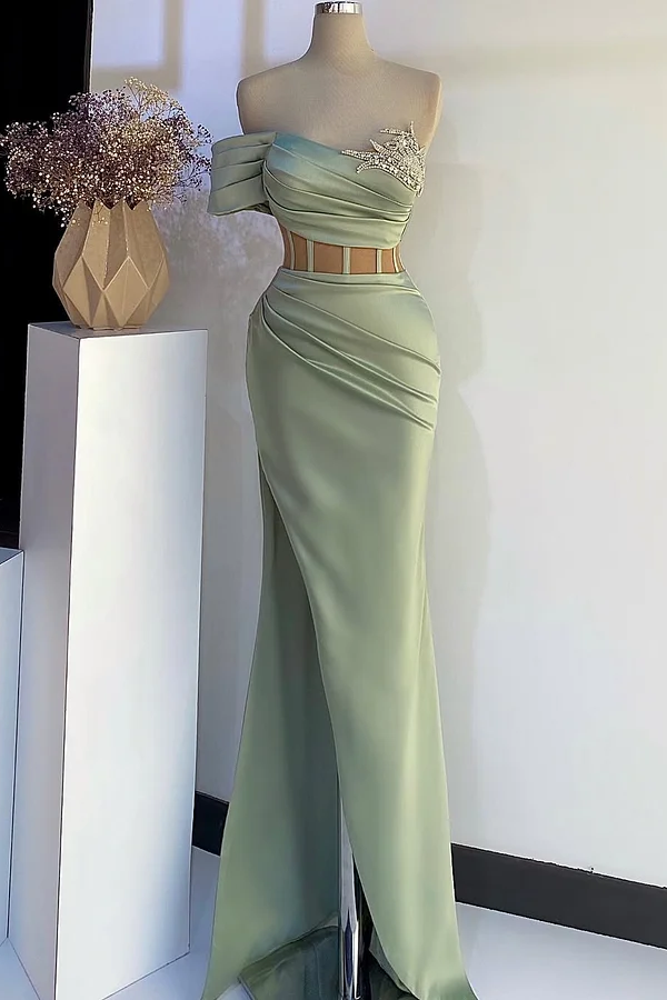 Daisda Mint Green Sleeveless Strapless Mermaid Beads Prom Dress