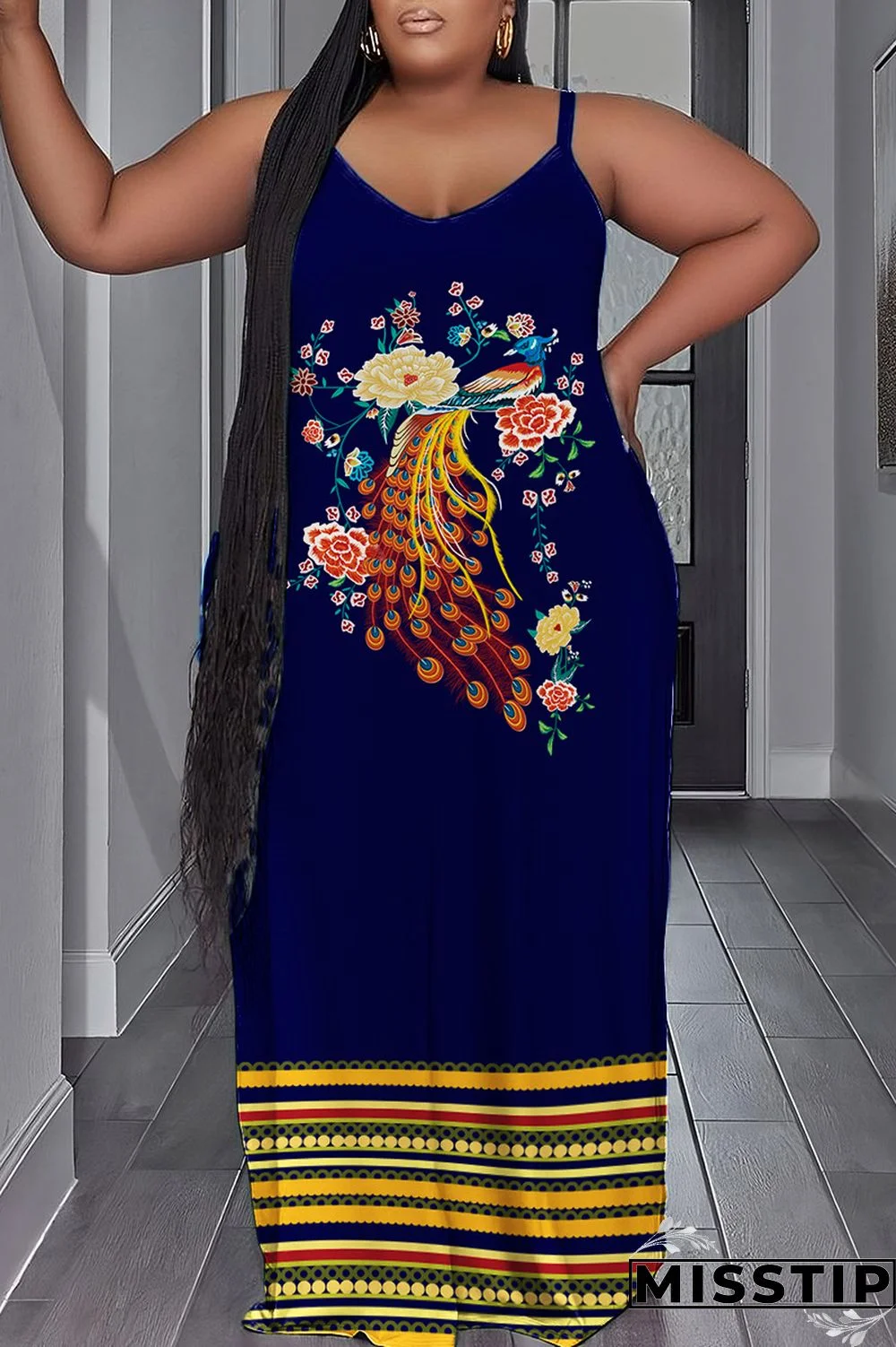 Dark Blue Sexy Print Backless Spaghetti Strap Long Dress Plus Size Dresses