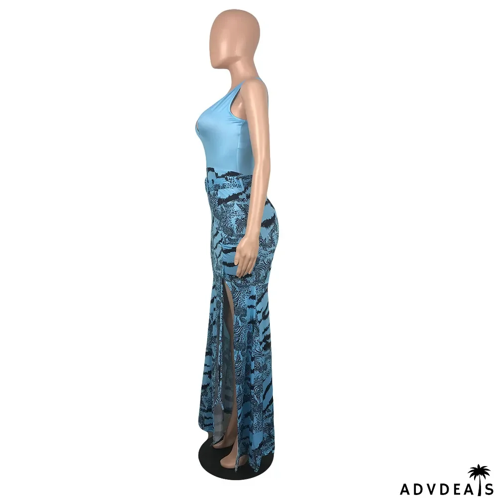 Women Summer Sleeveless V-Neck Print Pleated Dress