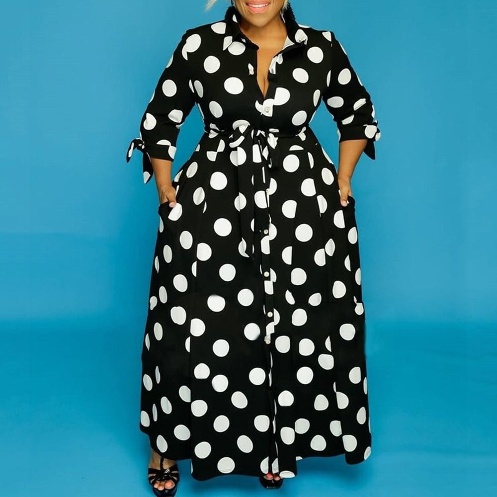 CM.YAYA Autumn Dot Print Button Up Plus Size XL-5XL Women Blousers Maxi Dress Vestidos Streetwear Long Dresses Vestidos