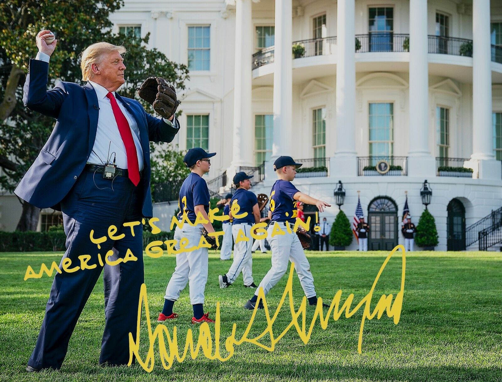 PRESIDENT DONALD TRUMP THROWS BASEBALL FRONT OF WHITE HOUSE SIGNED 8.5 X11 Photo Poster painting