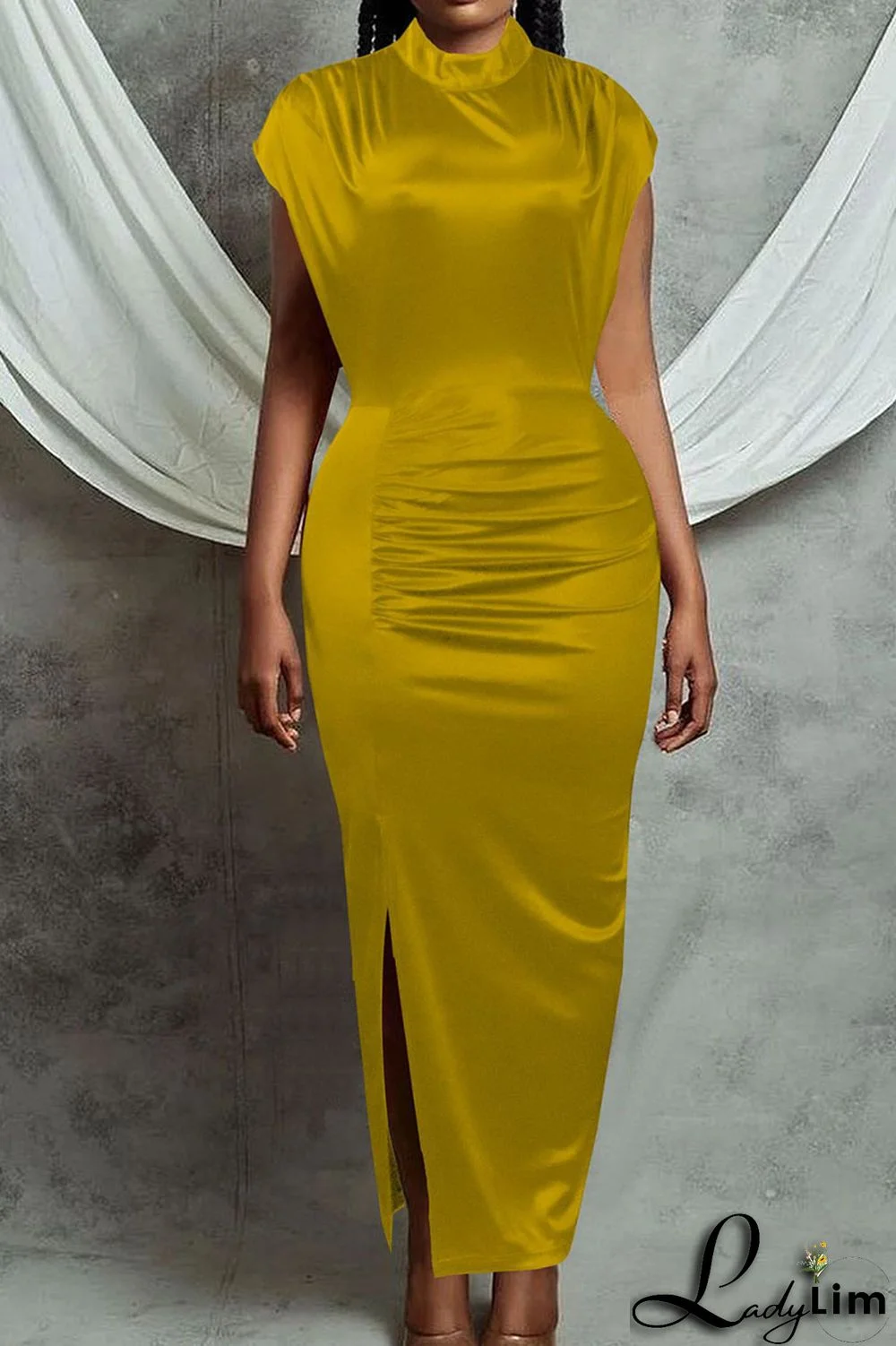 Green Fashion Sexy Solid Slit Half A Turtleneck Evening Dress