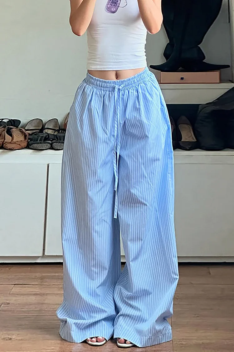 Pinstriped Print Elastic Waist Wide Leg Casual Pants-Blue