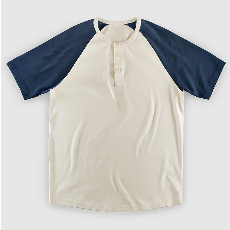 Vintage Blue And White Patchwork Raglan Short-Sleeved Henley Neck T-Shirt