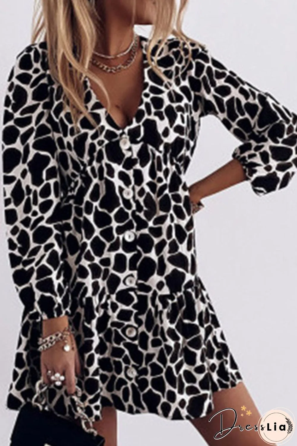 Fashion Casual Print Split Joint V Neck A Line Dresses(3 Colors)