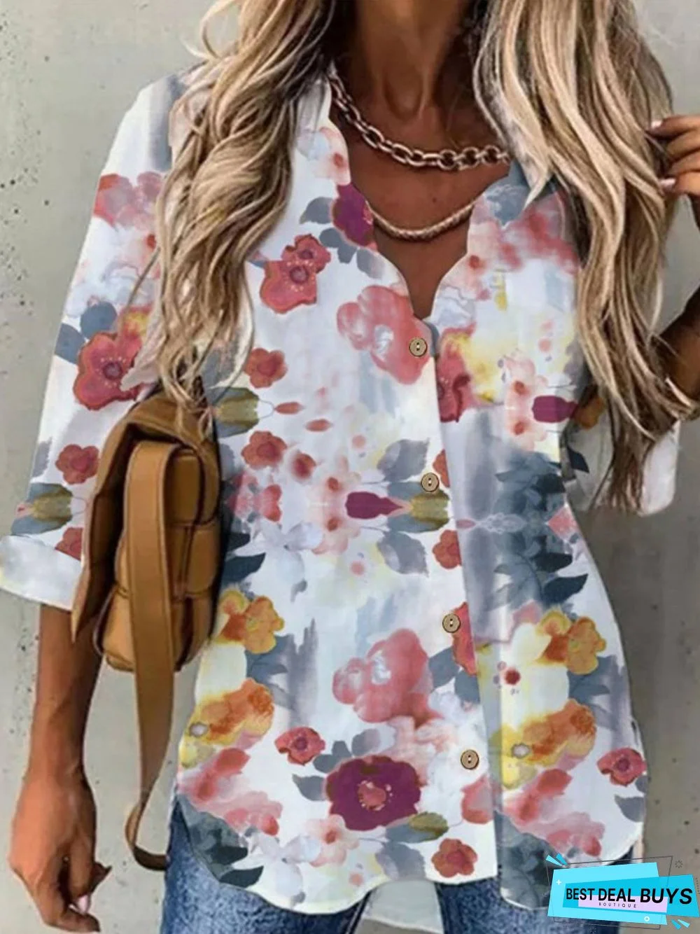 V Neck Floral Long Sleeve Tunic Blouse