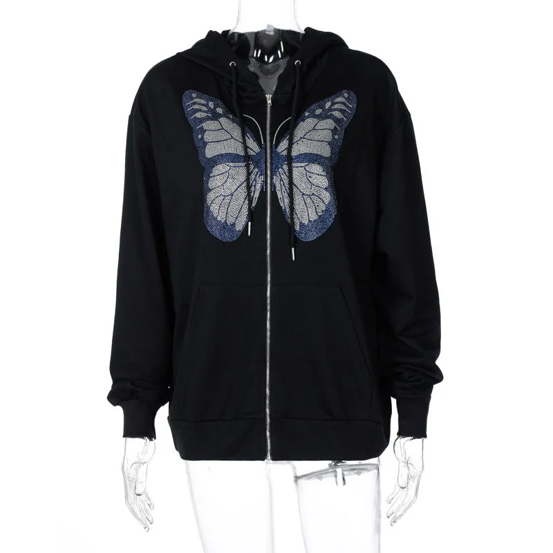 Oversized Hooded Sweatshirt Butterfly Print E Girl Style Zip Up Hoodie