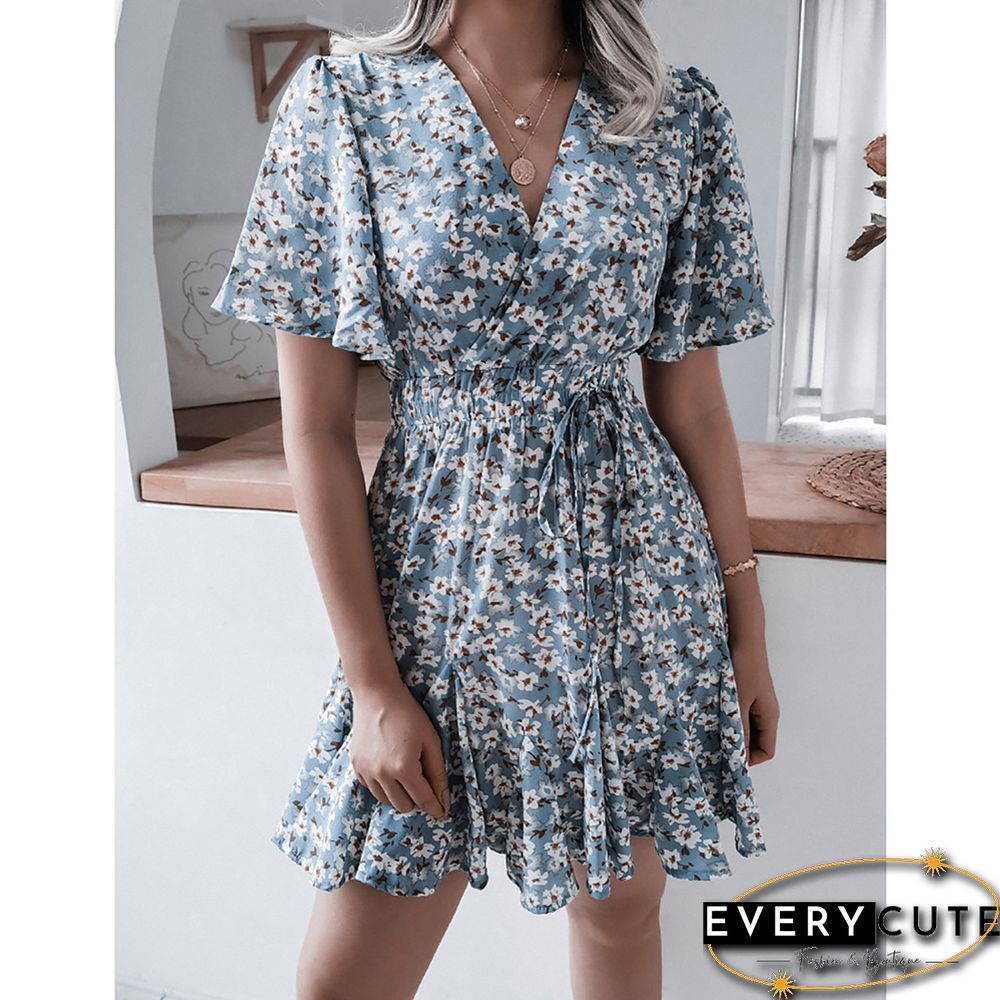 Light Blue Pleated Ruffle Detail V Neck Floral Dress