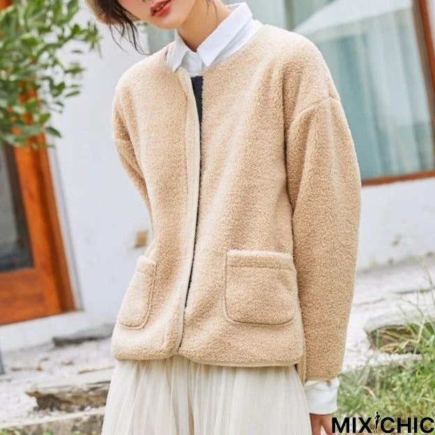 Zipper Round Neck Long Sleeve Loose Lamb Plush Coat Female