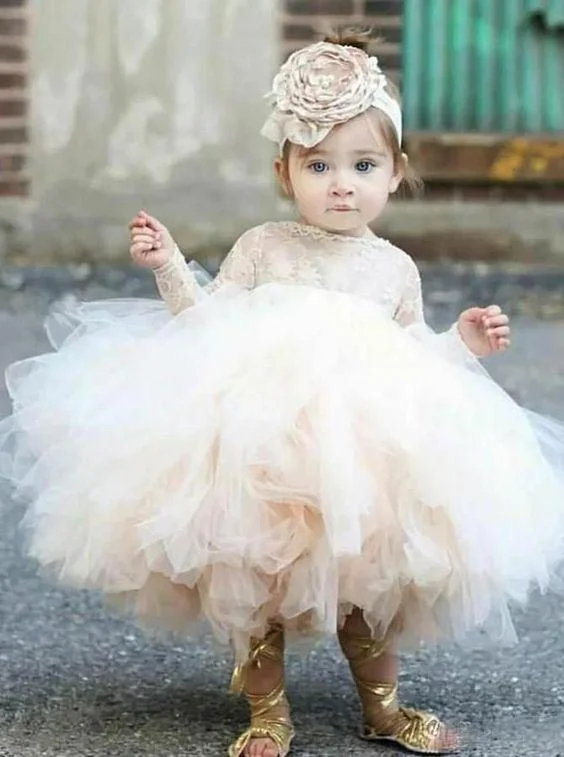 Cute Ball Gown Lace Knee Length Flower Girl Dresses With Long Sleeve 