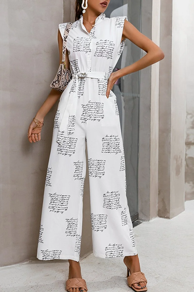 Sleeveless Letter Print With Belt Jumpsuit