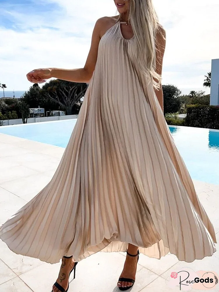 Elegant Halter Hollow Beach Party Long Dress Fashion Pleat Loose Hem Sexy V-Neck Dress Women Summer Sleeveless Solid Dress