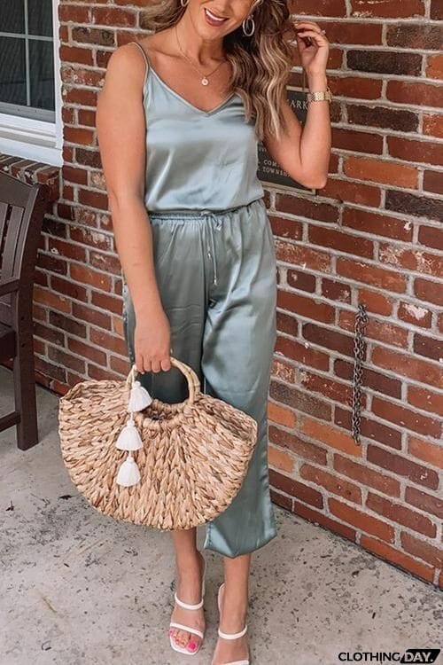 Strappy V Neck Elastic Waist Jumpsuit