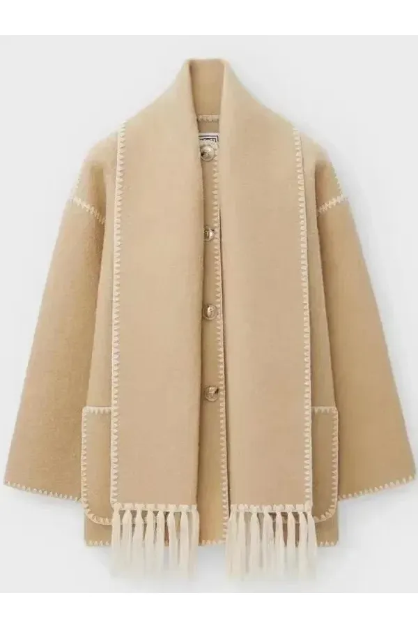 Scarf-Neckline Felt Woolen Coat