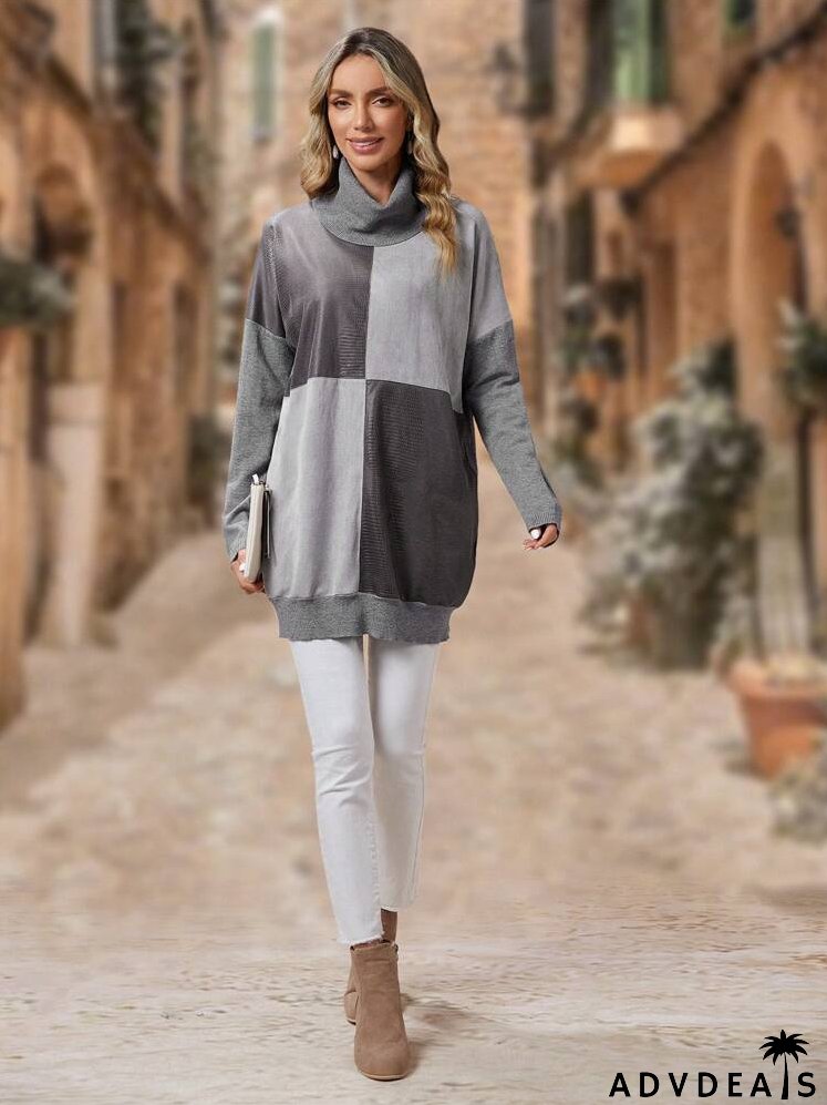 Color Block Turtleneck Drop Shoulder Sweater