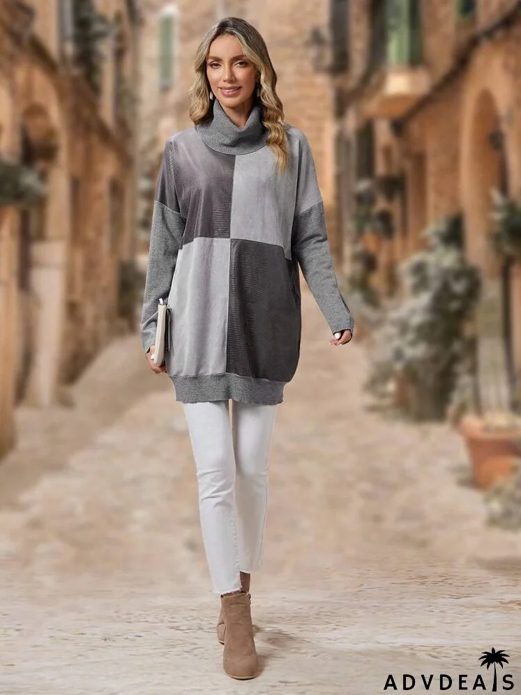 Color Block Turtleneck Drop Shoulder Sweater