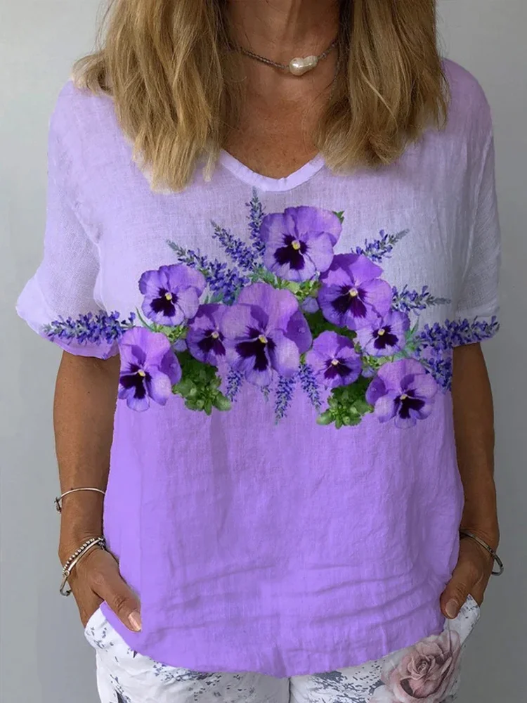 Women's Purple Flower Alzheimer's Awareness Support Cotton and Linen T-Shirt