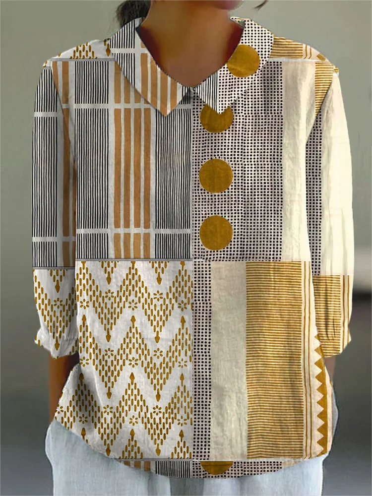 Women's Vintage Abstract Geometry Art Print Casual Cotton And Linen 3/4 Sleeve Shirt