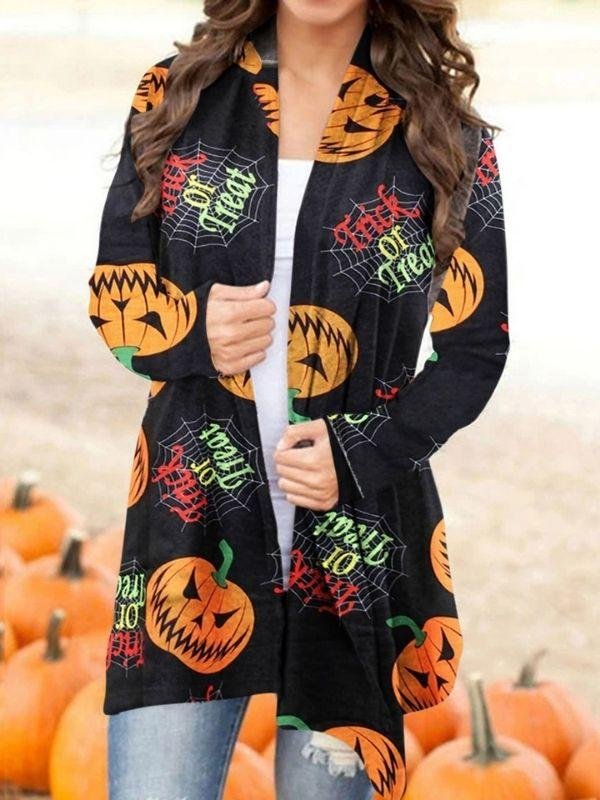 Halloween Pumpkin Printed Daily Shawl Collar Long Sleeve Cardigan Coats