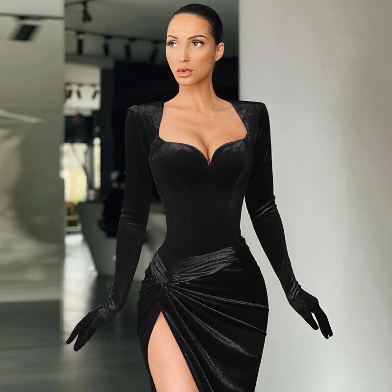 Billlnai Black Velvet Sexy Split Dresses Gloves Sleeve Fashion Gown Club Party Midi Dress For Clothing Autumn V-Neck Dresses For Women