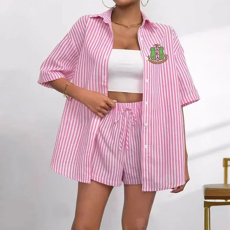 Striped Print Button-Down Shirt and Shorts Set