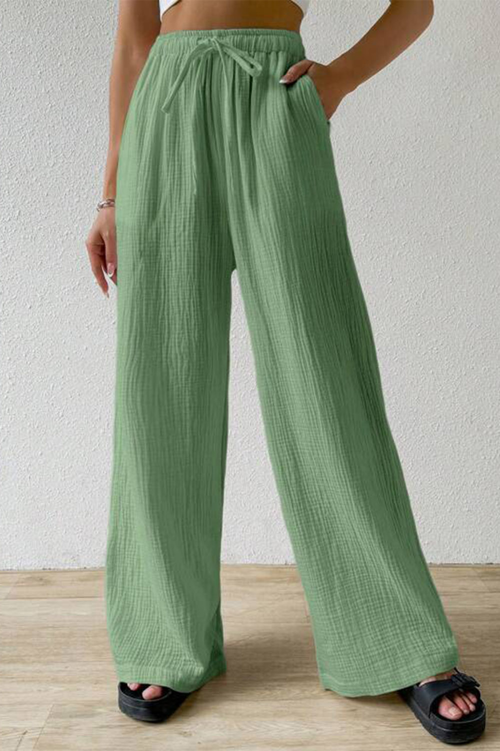 Plus Size Casual Mint Green Drawstring Pocket Straight Leg Pants 2024 - Flycurvy 