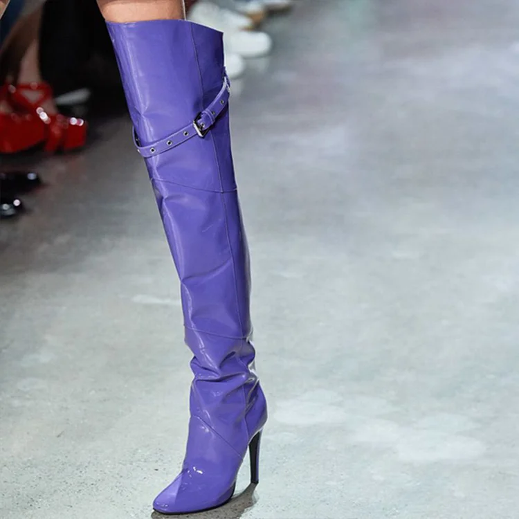 Woman's Purple Pointed Toe Boots Patent Leather Strap Knee High Boots |FSJ Shoes