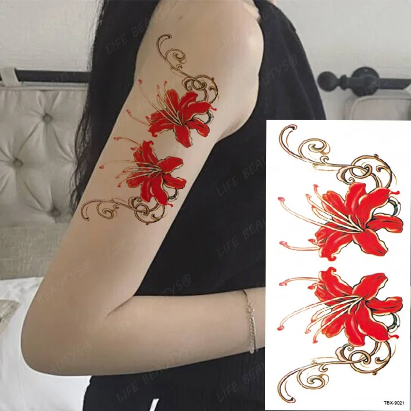 Sdrawing Temporary Flower Tattoos Women Fashion Beauty Rose Butterfly Flash 3D Fake Tattoo Arm Sleeve Pink Blue Sticker Girl