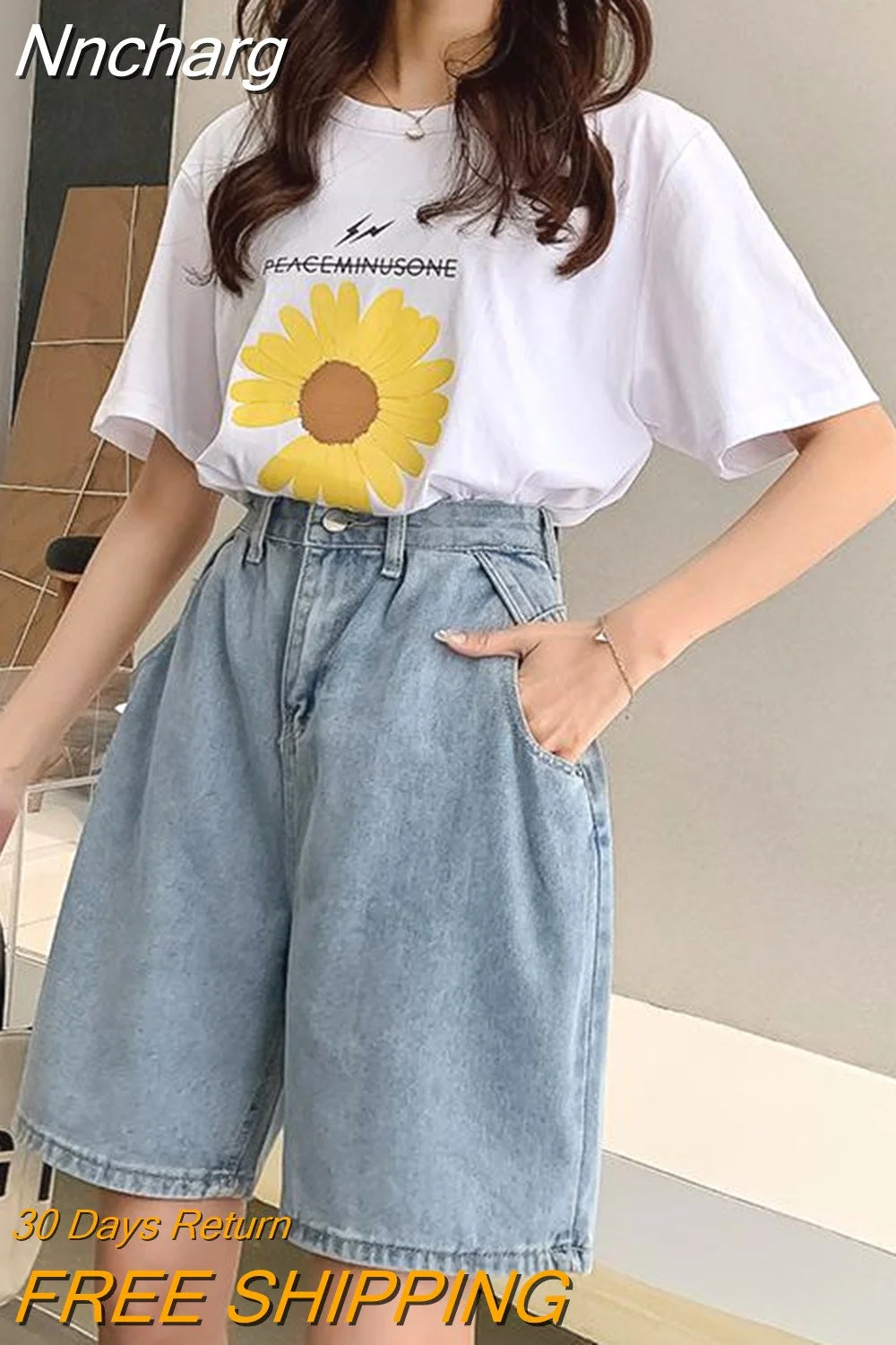 Nncharge New Woman Wide Legs High Waist Blue Knee-lenght Denim Shorts Casual Female Loose Fit Jeans Vintage Ladies Bermuda Shorts